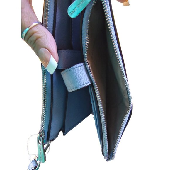 Michael Kors Blue Saffiano Leather Double Zip Cellphone Wallet Wristlet - Picture 6 of 11